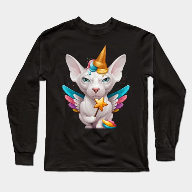 White Sphynx Cat Ice Cream Unicorn Long Sleeve T-Shirt by stonemask